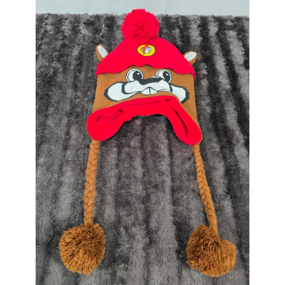 Buc-ee's Beaver Character Trapper Hat Red Brown Knit Fleece Lined Pom Beanie OS
